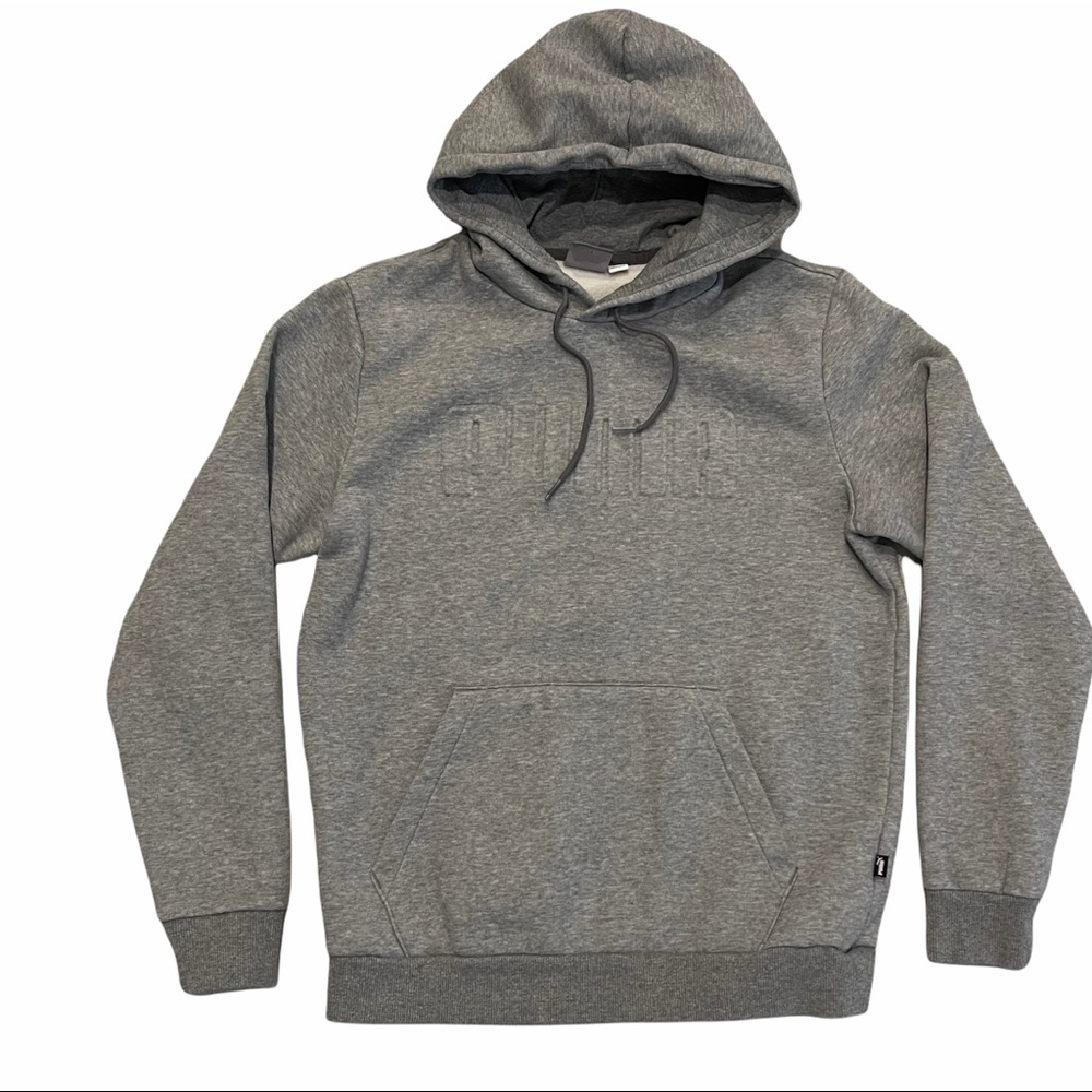 PUMA Women’s Fleece Lined Embossed Logo Gray Kangaroo Pouch Pocket Hoodie Size S